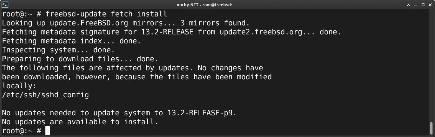 FreeBSD 13.2 обновлена до последней версии используя команду "freebsd-update fetch install".