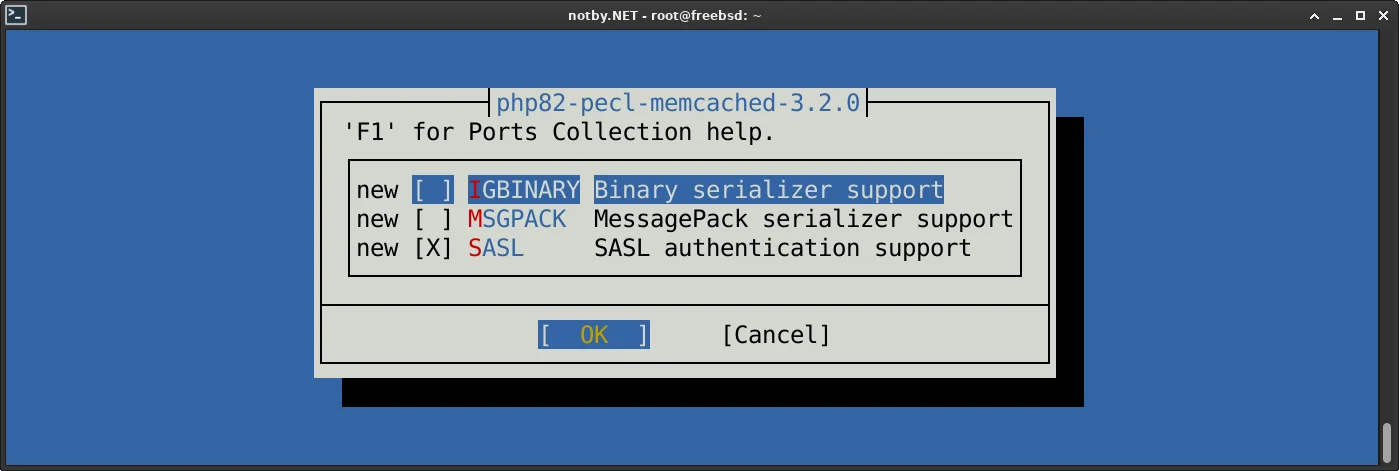 Сборка и установка расширения php82-pecl-memcached-3.2.0 через порты в FreeBSD. Выбор конфигурации сборки порта.