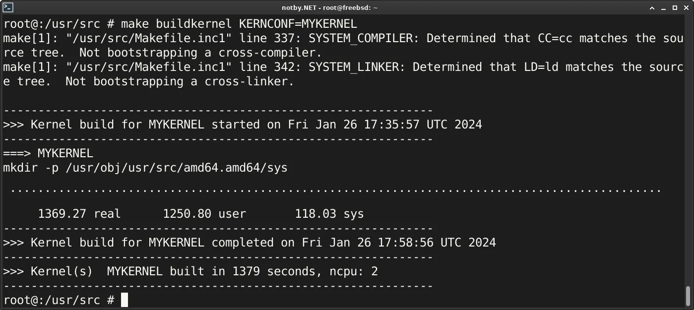 Сборка ядра MYKERNEL во FreeBSD командой "make-buildkernel-KERNCONF-MYKERNEL". Ядро успешно установлено.