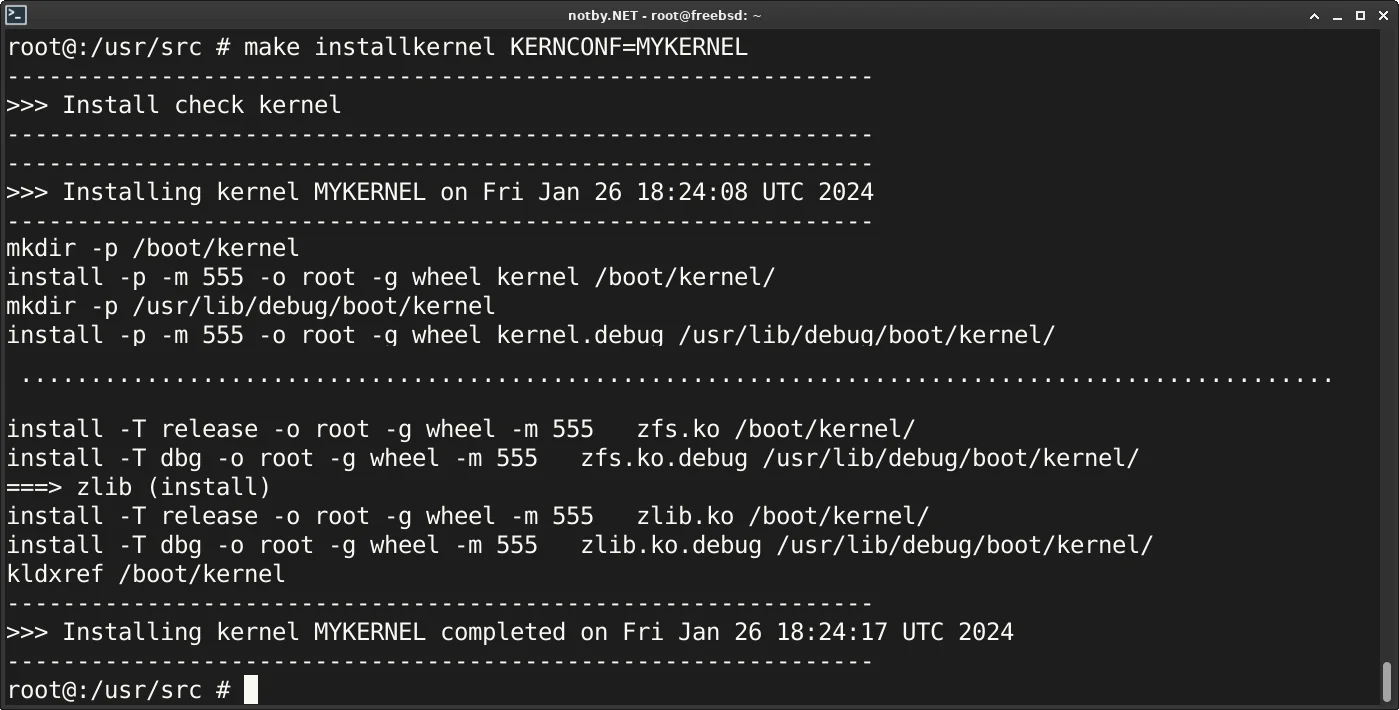 Установка ядра MYKERNEL во FreeBSD командой "make-installkernel-KERNCONF-MYKERNEL". Ядро успешно установлено.