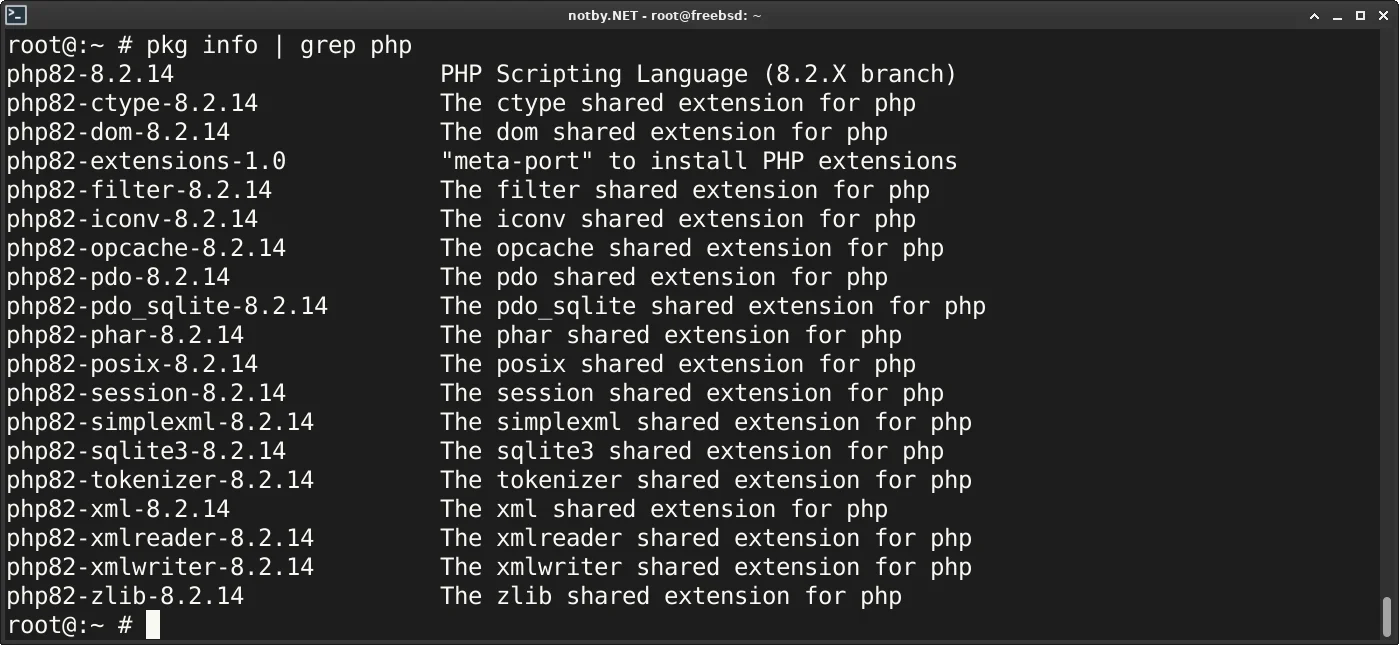 FreeBSD команда "pkg info | grep php". Выведена версии PHP 8.2 и список установленных модулей для PHP.
