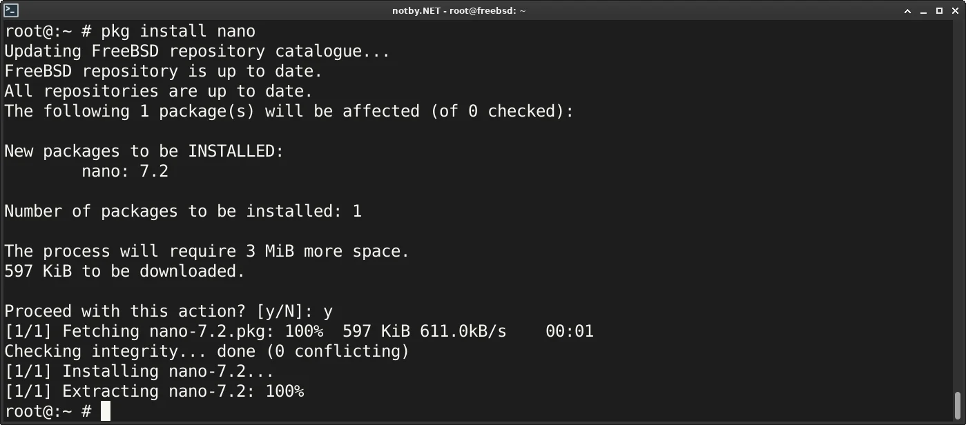 FreeBSD команда "pkg install nano". Текстовый редактор nano успешно установлен.