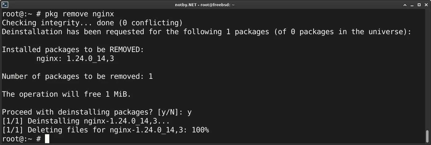 FreeBSD команда "pkg remove nginx". Веб-сервер nginx успешно удален.