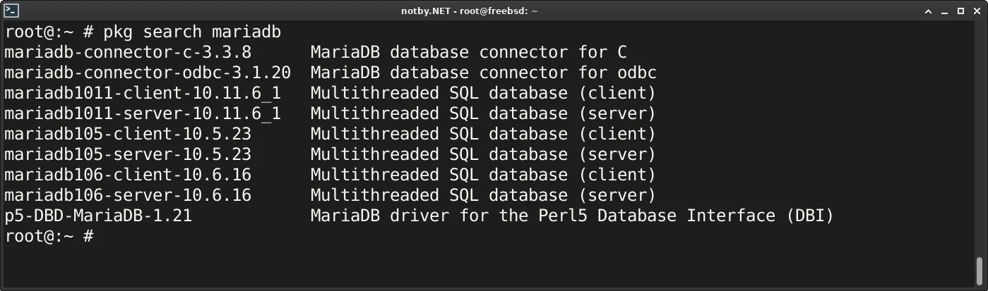 FreeBSD поиск доступных пакетов и версий mariadb. Команда "pkg search mariadb".