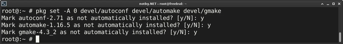 FreeBSD команда "pkg set -A 0 devel/autoconf devel/automake devel/gmake". Пакеты помечены как установленные.