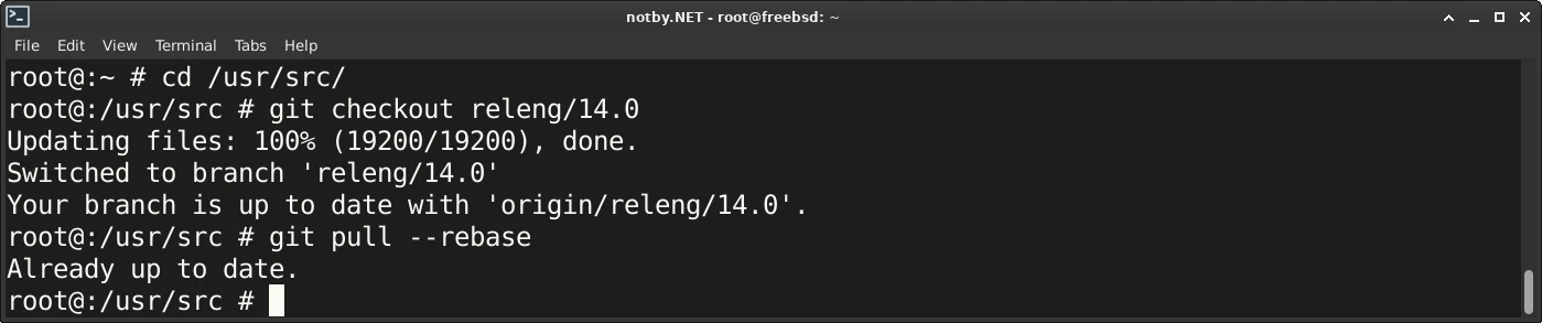 Изменение ветки исходных кодов FreeBSD на releng/14.0, обновления дерева командой "git pull --rebase".