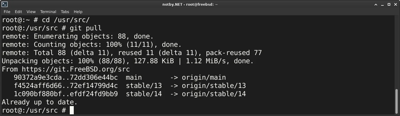 Обновление исходных кодов FreeBSD использую git pull в папке /usr/src/