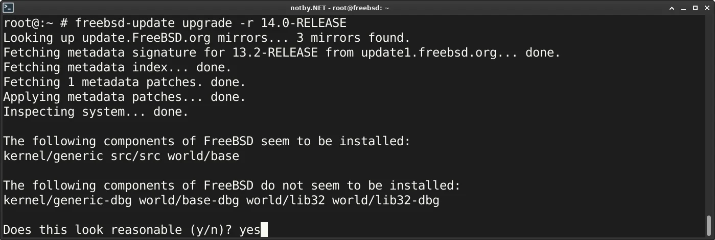 Обновление до версии FreeBSD 14 используя команду "freebsd-update upgrade -r 14.0-RELEASE". На вопрос Does this look reasonable? ответ yes.