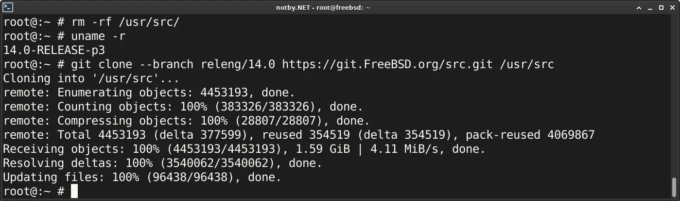 Удаление каталога /usr/src/ и успешное клонирование репозитория исходных кодов FreeBSD 14 через git.