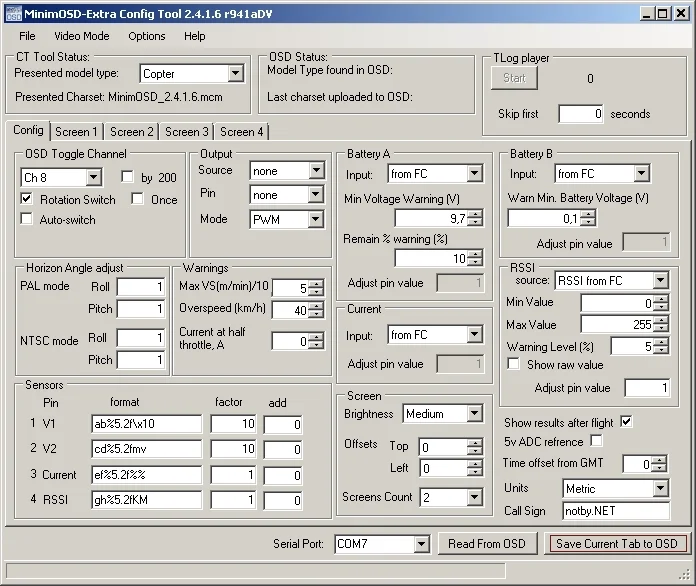 MinimOSD-Extra Config Tool, нажато "Save Current Tab to OSD", чтобы сохранить настройки в minimOSD.