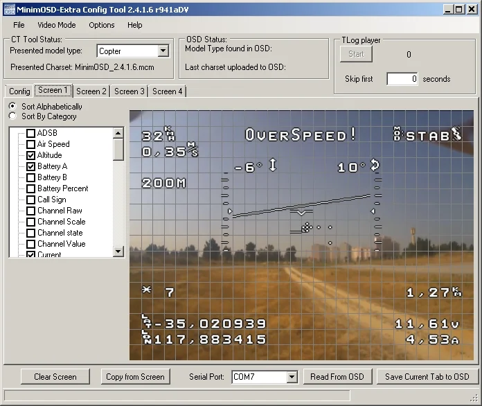 MinimOSD-Extra Config Tool. Конфигурация экрана OSD.