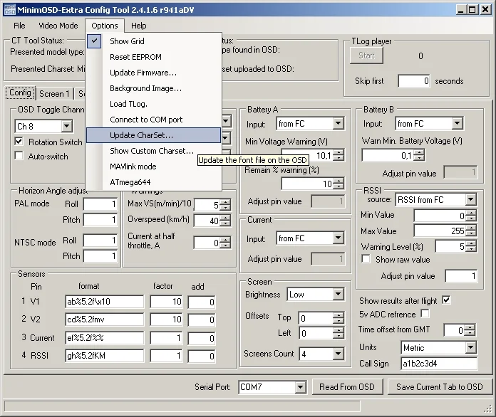 MinimOSD-Extra Config Tool, выбрано Update CharSet…