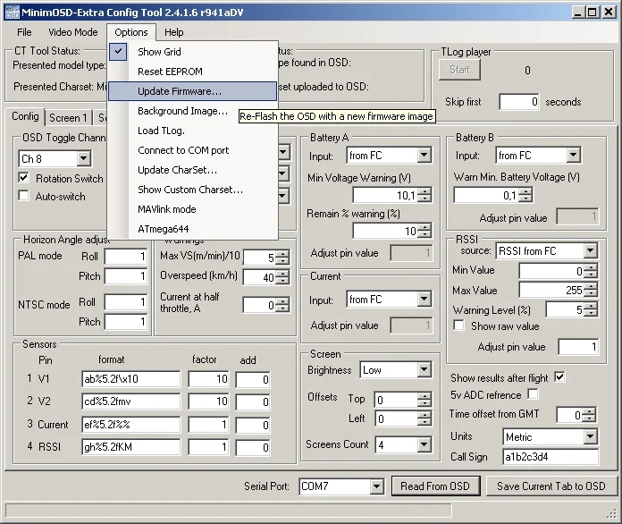 MinimOSD-Extra Config Tool, выбрано Update Firmware…