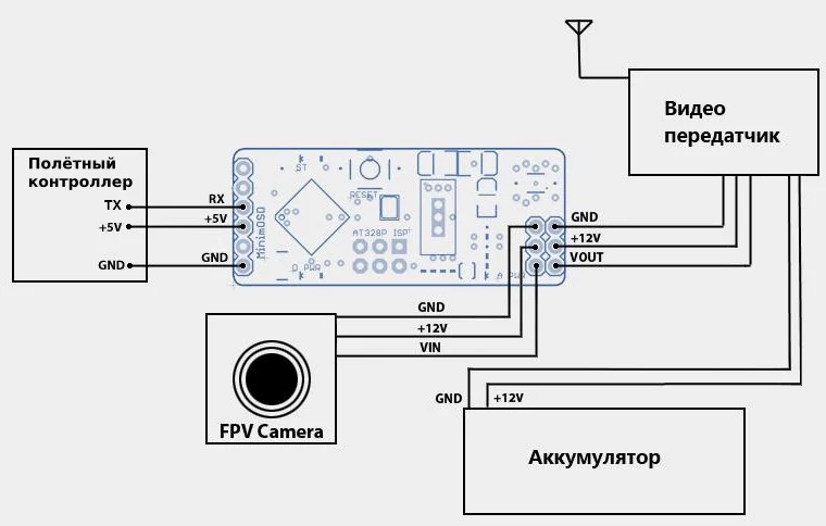 Схема подключение minimOSD. Питание 5V от полетного контролера, 12V питание от аккумулятора.