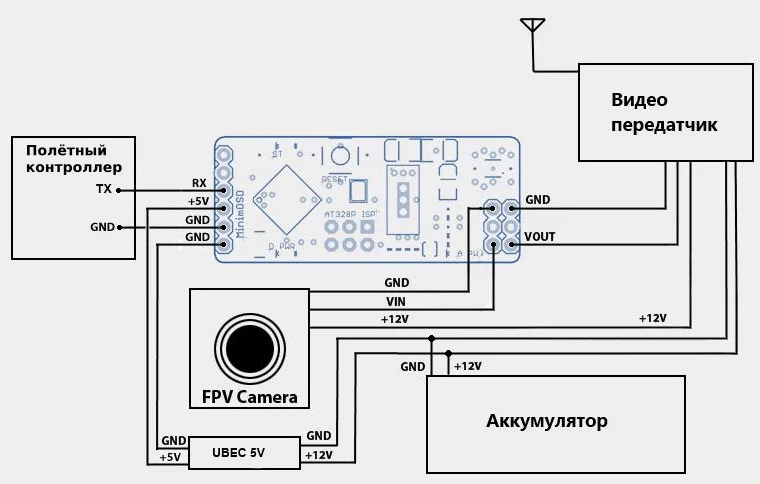Схема подключение minimOSD. Питание 5V от UBEC для minimOSD. Питание от аккумулятора 12V для видеопередатчика и FPV камеры.