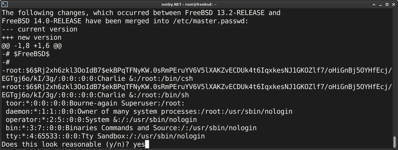 Обновление до версии FreeBSD 14. Показаны какие изменения будут в файле /etc/master.passwd и задается вопрос "разумны такие изменения?"