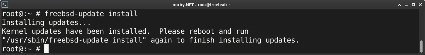 Обновление до версии FreeBSD 14. Написана команда "freebsd-update install". Выведено сообщение "Please reboot and run "/usr/sbin/freebsd-update install" again to finish installing updates.".