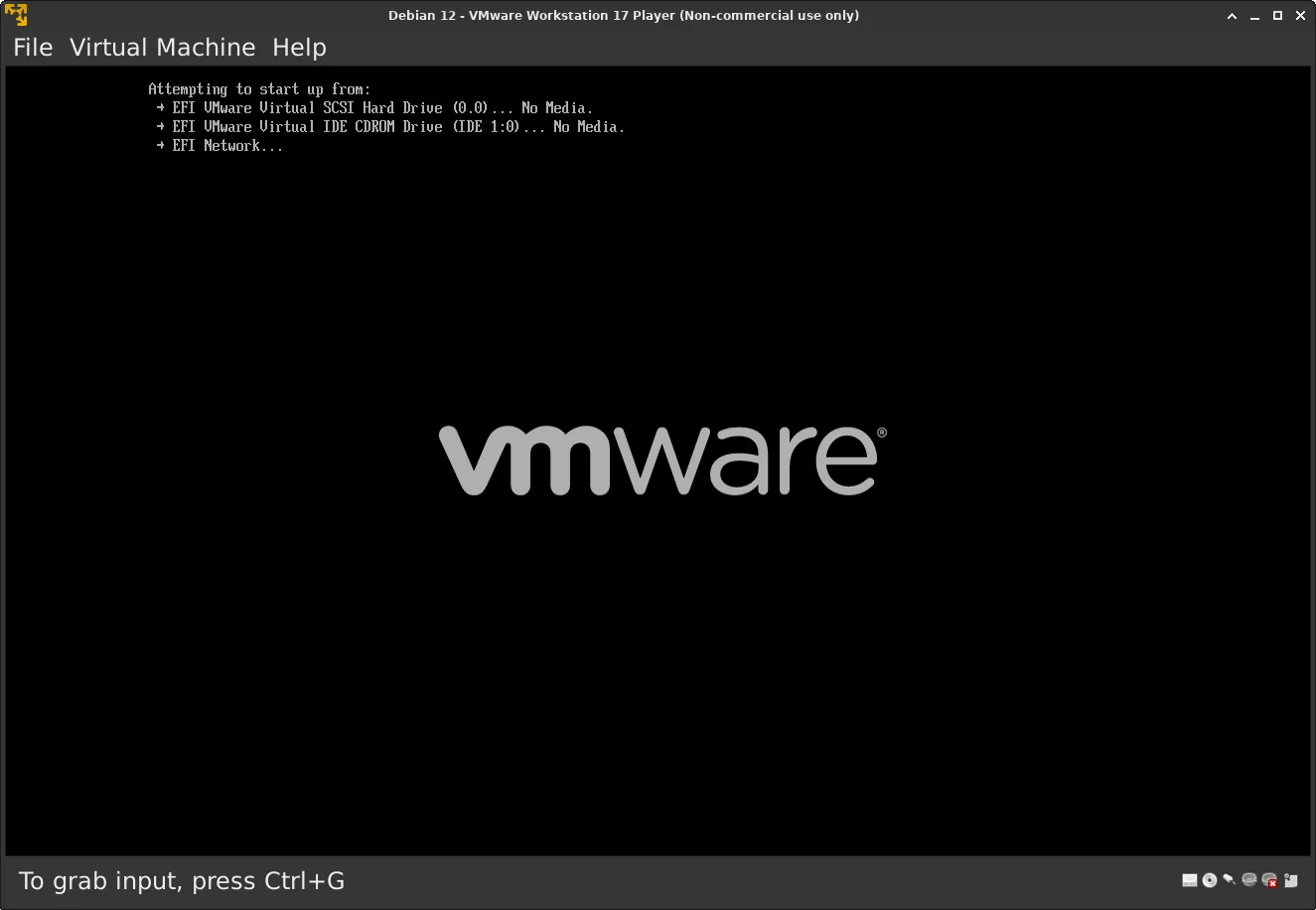 VMware Workstation 17 Player, виртуальная машина  запущена в режиме UEFI.