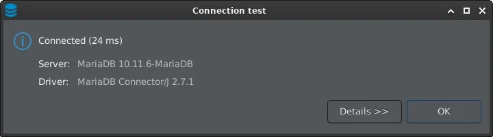DBeaver - Окно Connection test. Успешное подключение к удаленному MariaDB серверу.