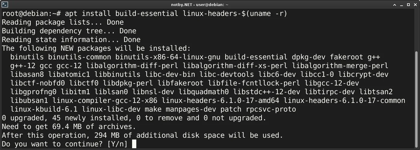В консоли Debian установка пакетов командой "apt install build-essential linux-headers-$(uname -r)". Выведен список того что будет установлено