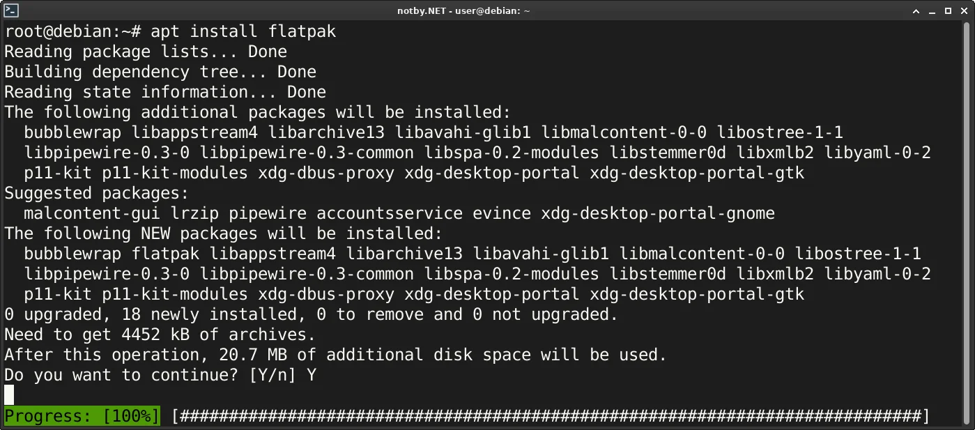 Debian, установка Flatpak командой "apt install flatpak" от root-пользователя.