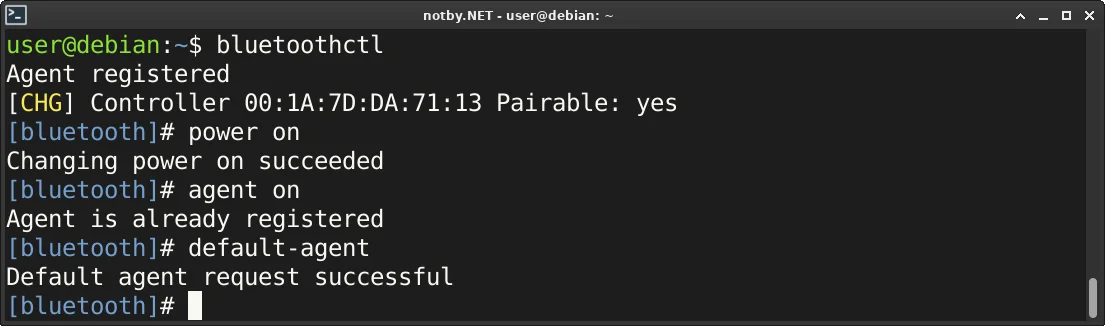 Запущена в консоли утилита bluetoothctl. В ней выполнены команды "power on", "agent on", "default-agent".