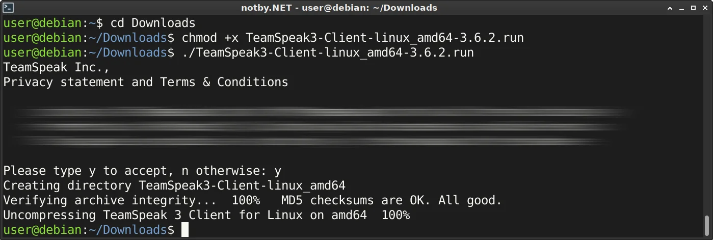Установка TeamSpeak 3 путем выполнения файл TeamSpeak3-Client-linux_amd64-3.6.2.run в консоли Debian