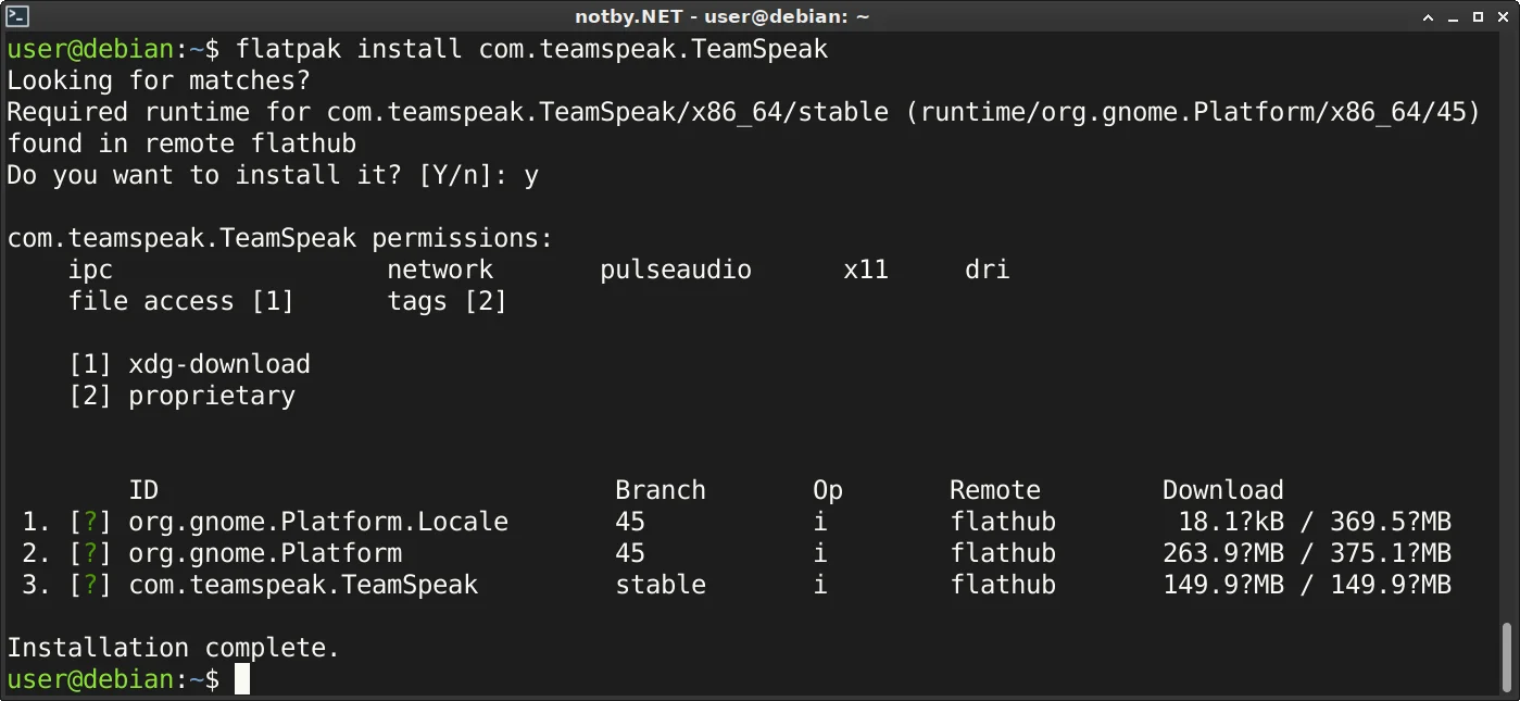 Установка TeamSpeak 5 командой в консоли “flatpak install com.teamspeak.TeamSpeak”