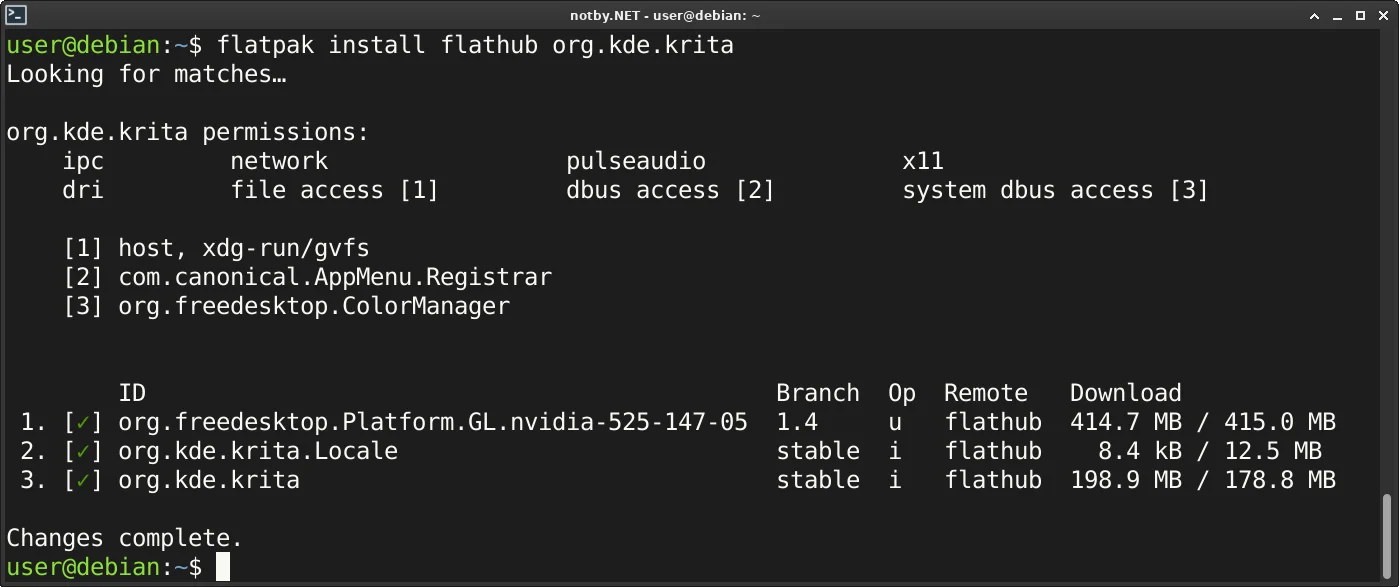 Установка через Flatpak командой "flatpak install flathub org-kde-krita". Успешная установка приложения Krita и всех его зависимостей.