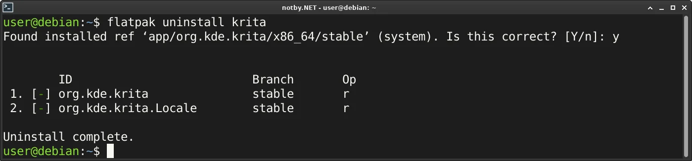 Приложения Krita удалено из Flatpak командой "flatpak uninstall krita" в консоли Debian. Удаление прошло успешно.