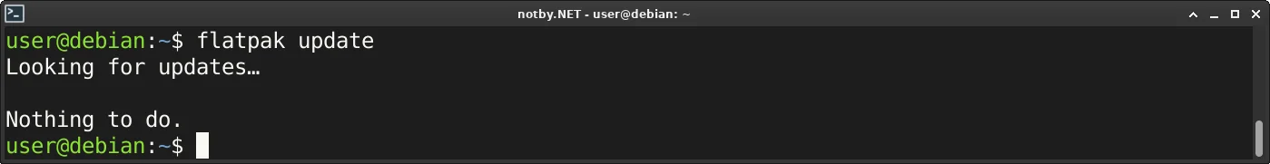 Обновления всех установленных приложений Flatpak командой "flatpak update" в консоли Debian. Обновлений не найдено.