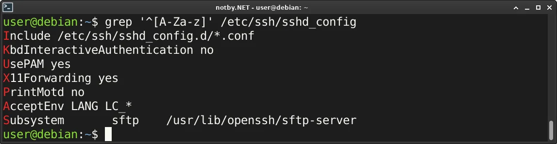 Выполнена команда поиска “grep '^[A-Za-z]' /etc/ssh/sshd_config” в консоли Debian, и в результате выведены найденные строки файла sshd_config которые начинаются с латинских заглавных букв