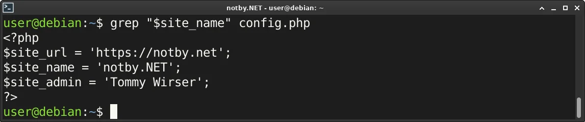 Выполнена команда поиска “grep "$site_name" config.php” (шаблон заключен в двойные кавычки) в консоли Debian, и в результате выведены все строчки файла config.php