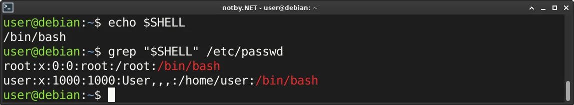 В консоли Debian выполнена команда “echo $SHELL” и затем поиск командой “grep "$SHELL" /etc/passwd”. Были выведены строчки пользователей которые используют тужа программную оболочку