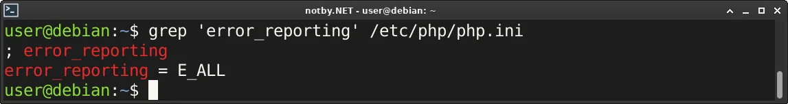 Выполнена команда поиска “grep "error_reporting" /etc/php/php.ini” в консоли Debian, и в результате выведена строка: error_reporting = E_ALL