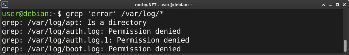 Выполнена команда поиска “grep 'error' /var/log/*” в консоли Debian, и в результате выведено много предупреждений: Permission denied