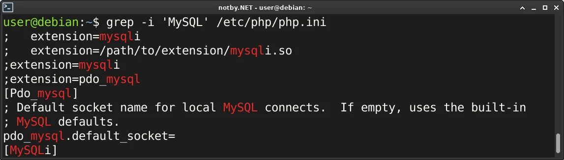 Выполнена команда поиска “grep -i 'MySQL' /etc/php/php.ini” в консоли Debian, и в результате выведена все найденные строки без учета регистра букв