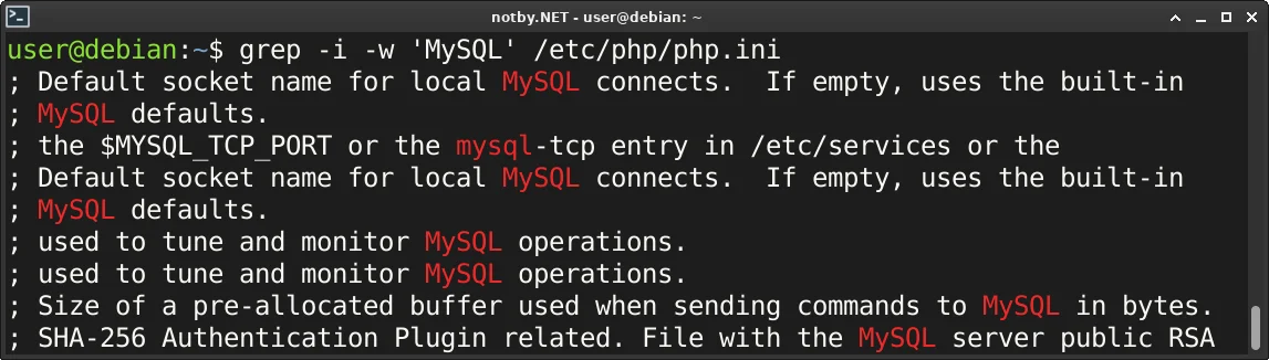 Выполнена команда поиска “grep -i -n 'MySQL' /etc/php/php.ini” в консоли Debian, и в результате выведена все найденные строки содержащие слово MySQL без учета регистра букв