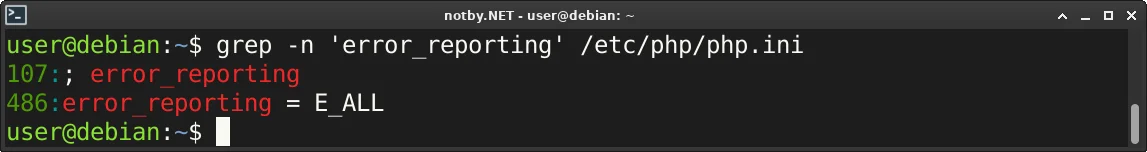 Выполнена команда поиска “grep -n "error_reporting" /etc/php/php.ini” в консоли Debian, и в результате выведена строка error_reporting = E_ALL и показан ее номер в файле