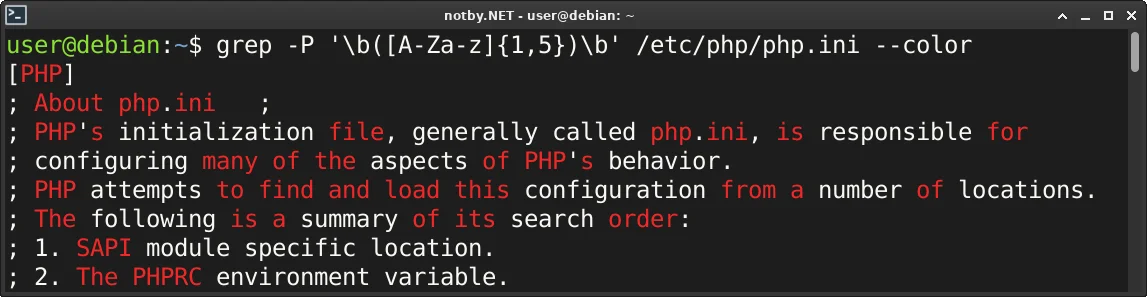 Выполнена команда поиска “grep -P '\b([A-Za-z]{1,5})\b' /etc/php/php.ini” в консоли Debian, и в результате выведены все строки из файла php.ini которые содержат слова не длиннее 5 букв