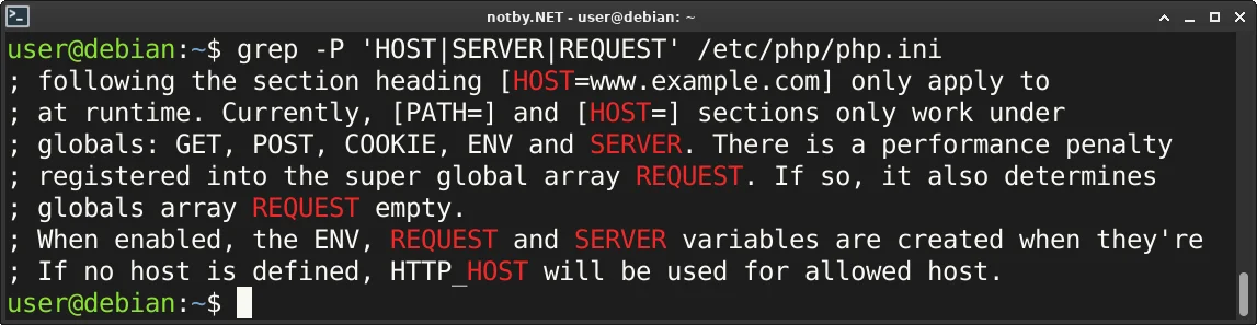 Выполнена команда поиска “grep -P 'HOST|SERVER|REQUEST' /etc/php/php.ini” в консоли Debian, и в результате выведены найденные строки файла php.ini которые содержат слова HOST, SERVER, REQUEST