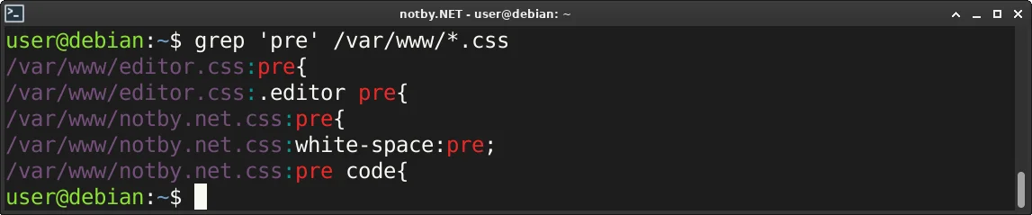 Выполнена команда поиска “grep 'pre' /var/www/*.css” в консоли Debian, и в результате выведены строчки со значением pre в файлах /var/www/editor.css, /var/www/notby.net.css