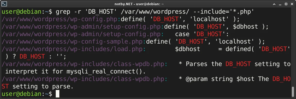 Выполнена команда поиска “grep -r 'DB_HOST' /var/www/wordpress/ --include='*.php'” в консоли Debian, и в результате выведены строки со значением DB_HOST в файлах wp-config.php, setup-config.php, load.php, class-wpdb.php в подкаталогах var/www/wordpress/