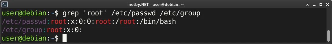 Выполнена команда поиска “grep 'root' /etc/passwd /etc/group” в консоли Debian, и в результате выведены строки содержащие root в файлах /etc/passwd и /etc/group