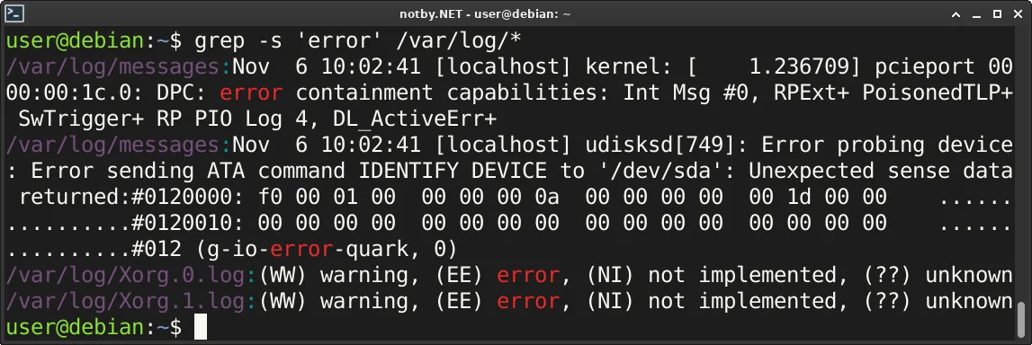 Выполнена команда поиска “grep -s 'error' /var/log/*” в консоли Debian, и в результате выведены строчки с ошибками в файлах /var/log/messages, /var/log/Xorg.1.log, /var/log/Xorg.0.log