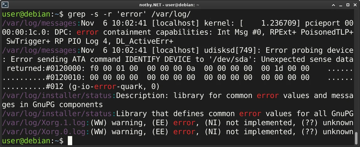 Выполнена команда поиска “grep -s -r  'error' /var/log/*” в консоли Debian, и в результате выведены строчки с ошибками в файлах /var/log/messages, /var/log/installer/status, /var/log/Xorg.1.log, /var/log/Xorg.0.log