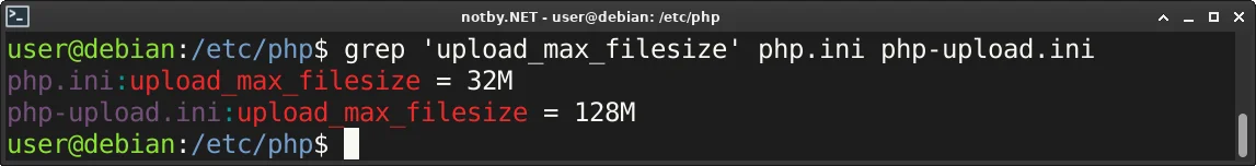 Выполнена команда поиска “grep 'upload_max_filesize' php.ini php-upload.ini” в консоли Debian, и в результате выведены значения параметра upload_max_filesize равно 32М в первом файле и 128М во втором