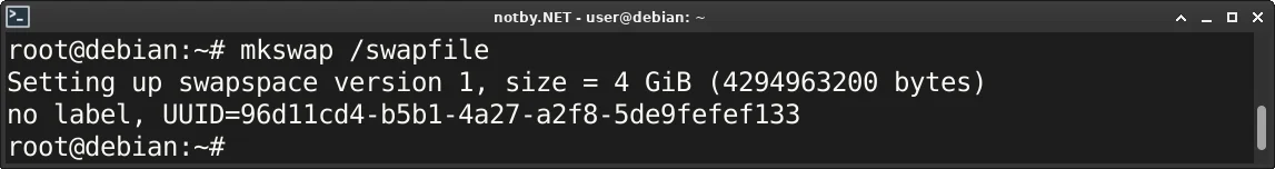 Файловая система swap создана для файла /swapfile в консоли Debian утилитой mkswap