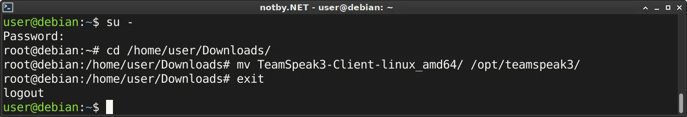 Консоль от root, переход в каталог /home/user/Downloads/, перенос каталога TeamSpeak3-Client-linux_amd64/ в каталог /opt/teamspeak3/