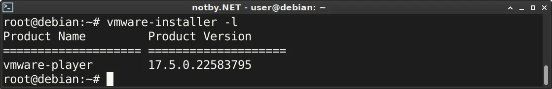 Вывод списка установленных продуктов VMware командой "vmware-installer -l" в консоли Debian